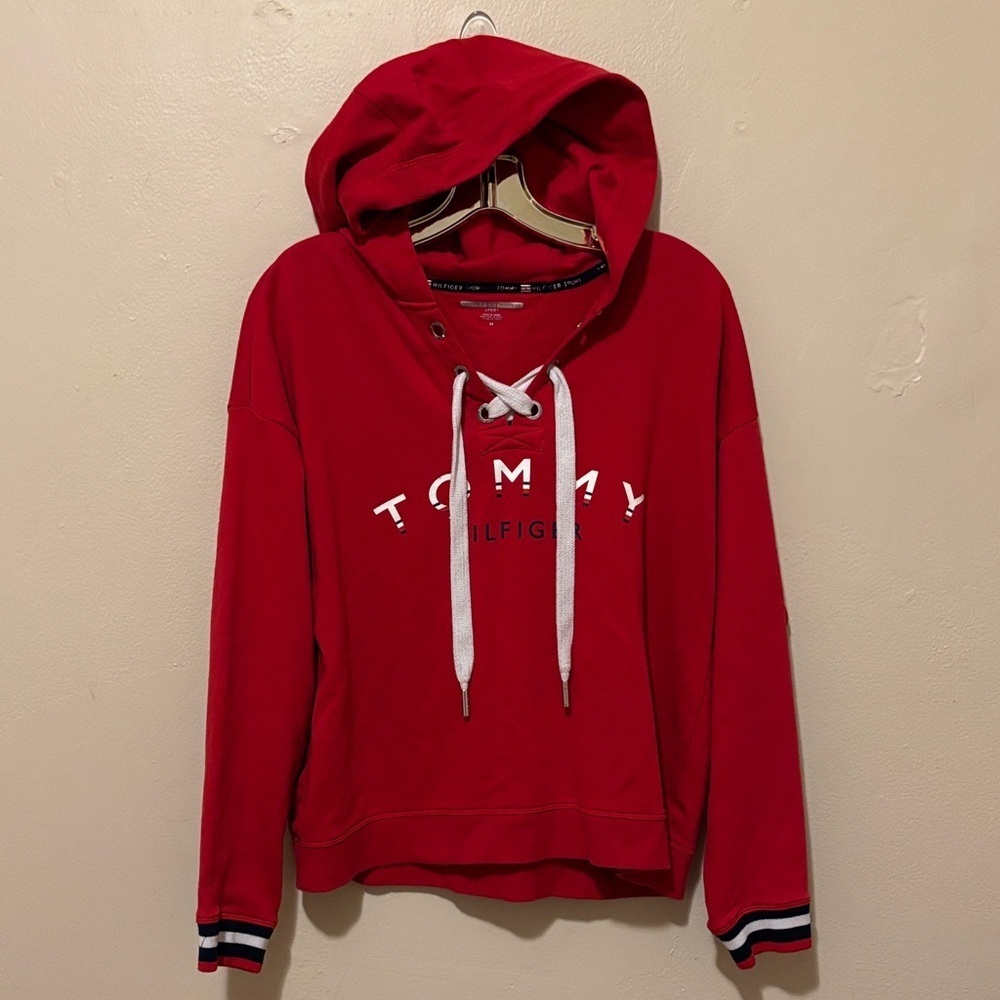Tommy Hilfiger Women's Red Hoodie with Lace-Up Front
